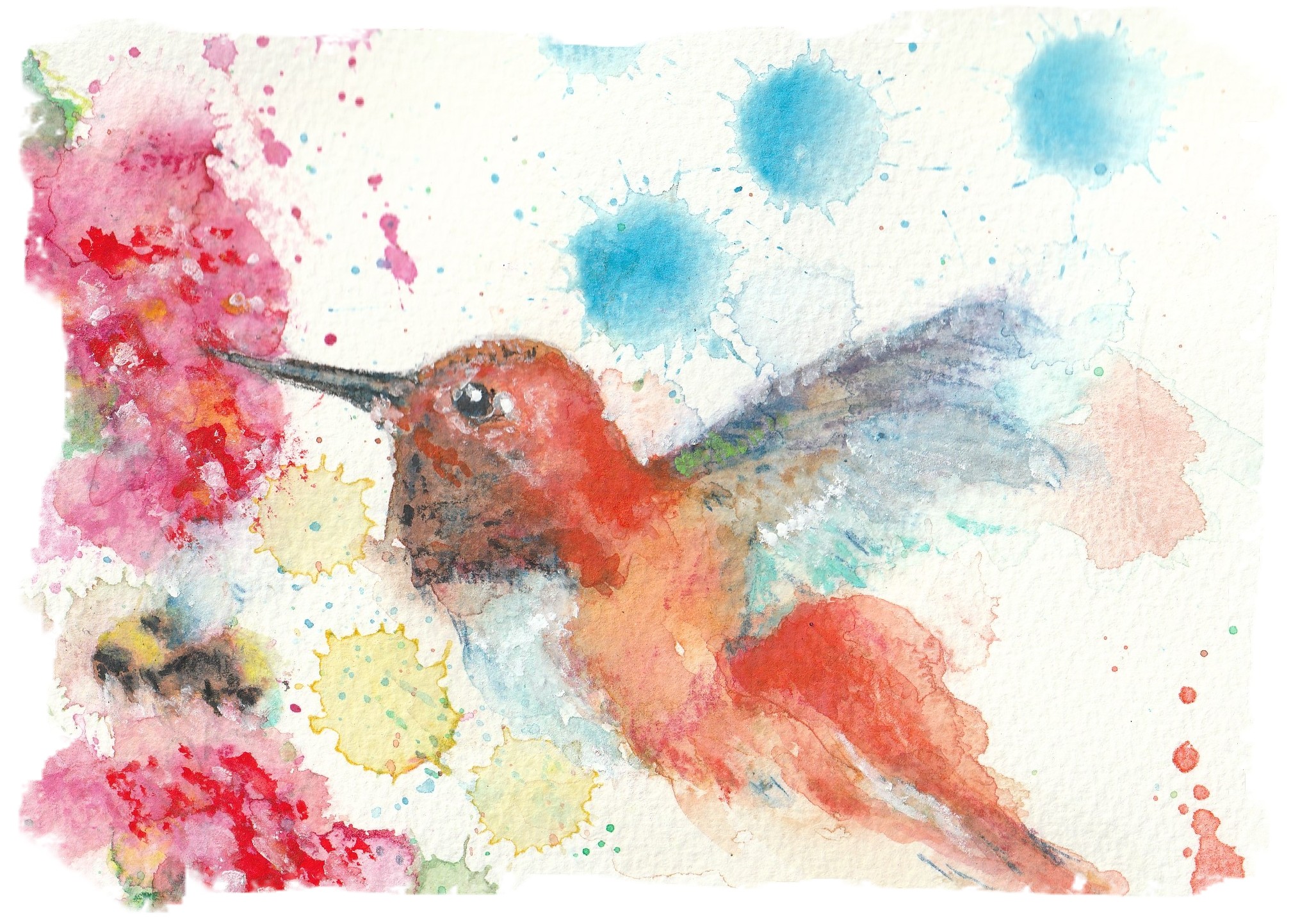 Abstract painting of Hummingbird and Bee on wildflowers