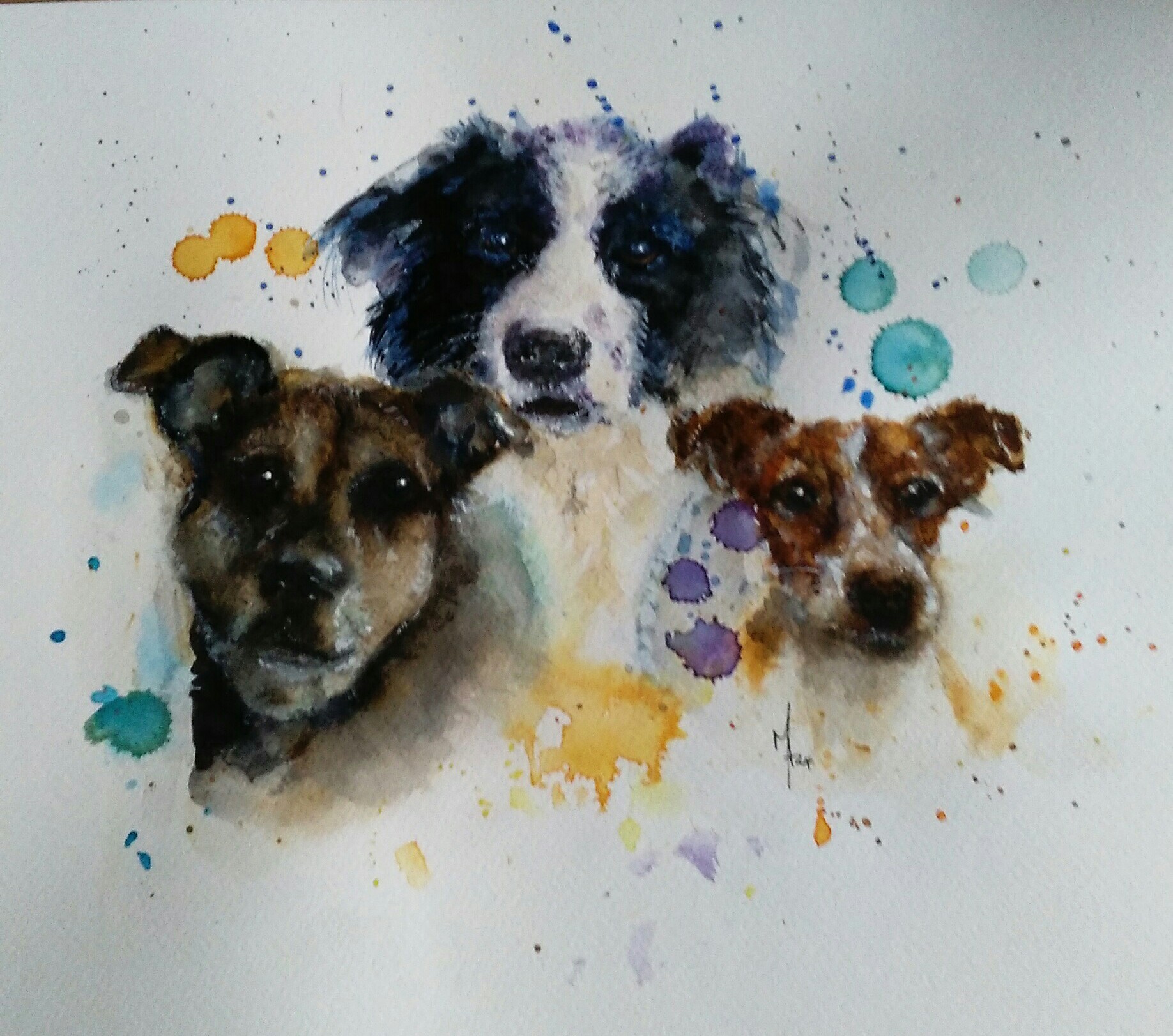 Abstract painting of three dogs
